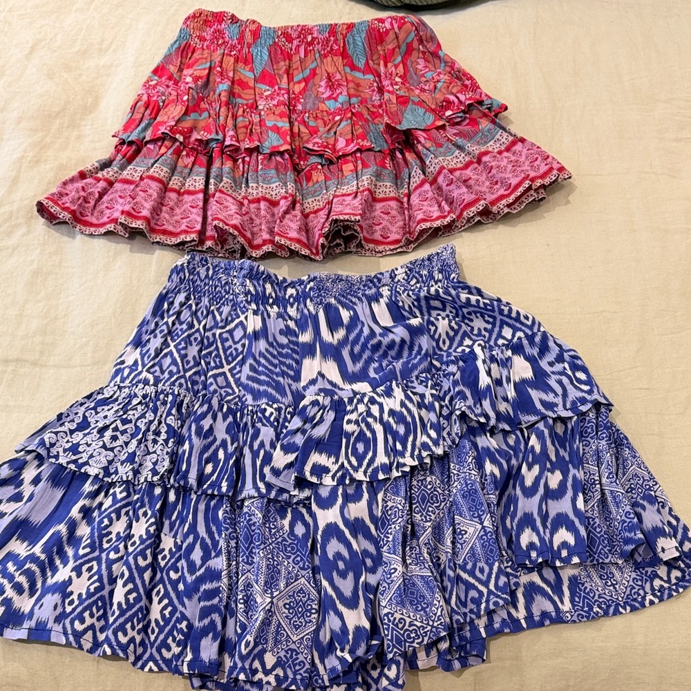 Blue Ikat Tiered Smocked Mini Skirt and Red Print Tiered Mini Skirt